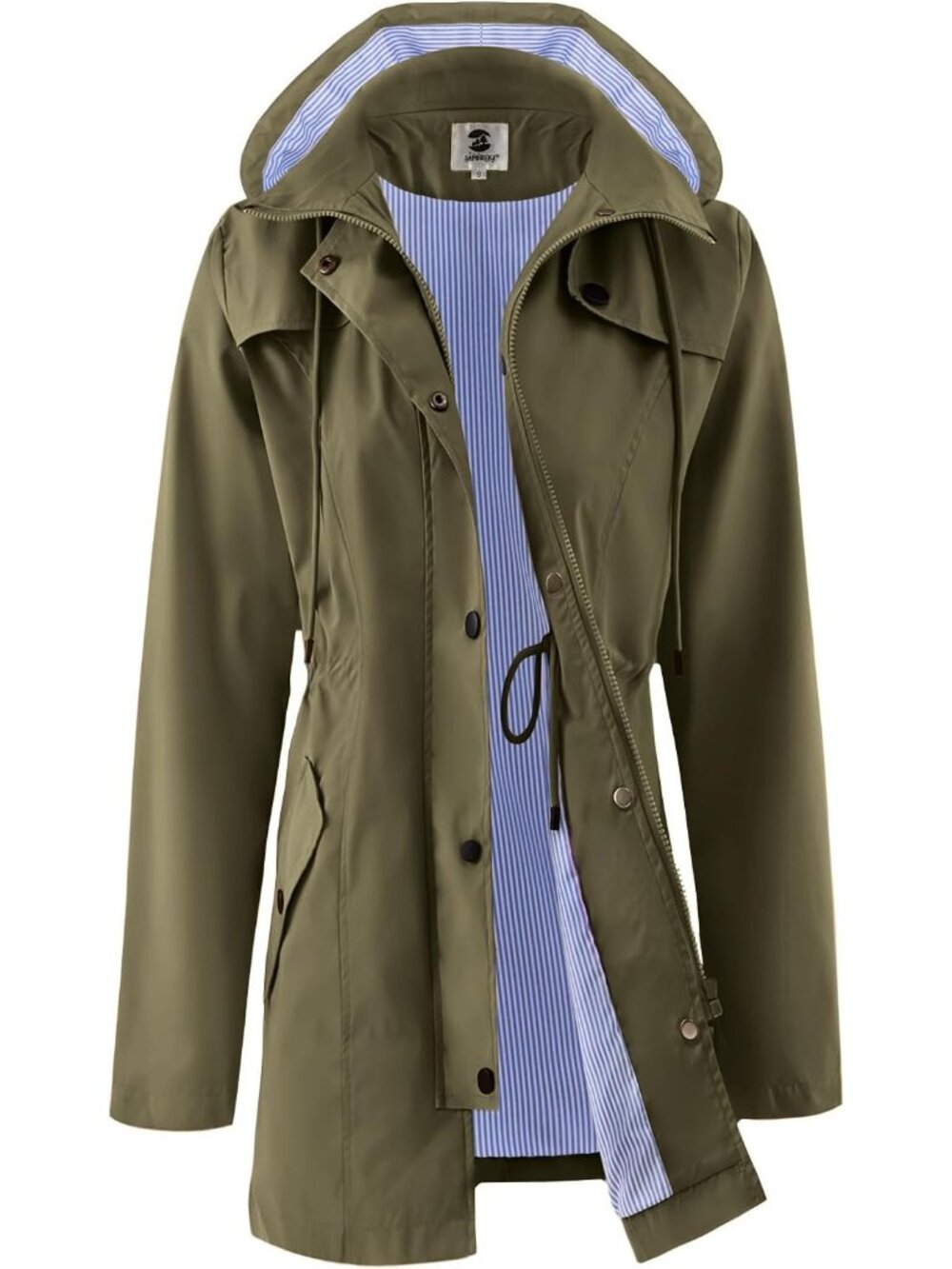 Women's Olive Hooded Snap Pockets Drawstring Waist Waterproof Trench Rain Coat